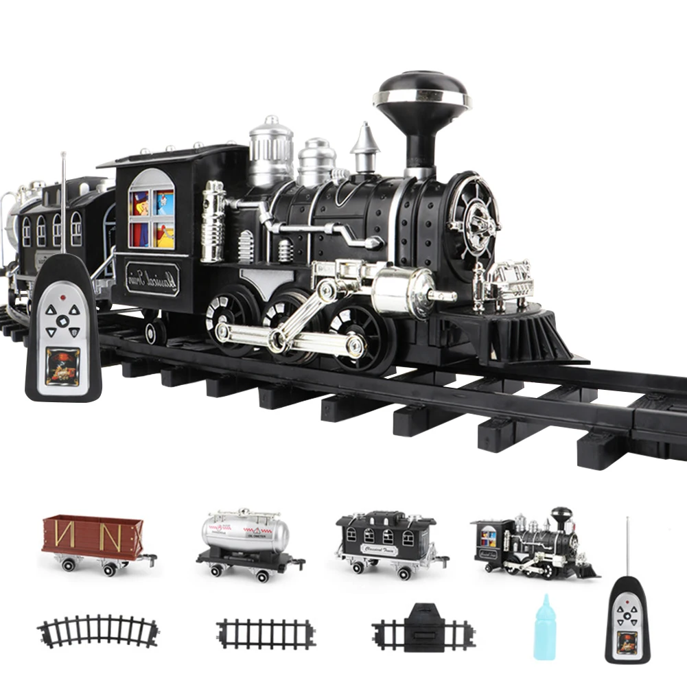 

Electric Train Toys Railway Tracks Classical Freight Water Steam Locomotive Playset With Smoke Simulation Model Battery Operated