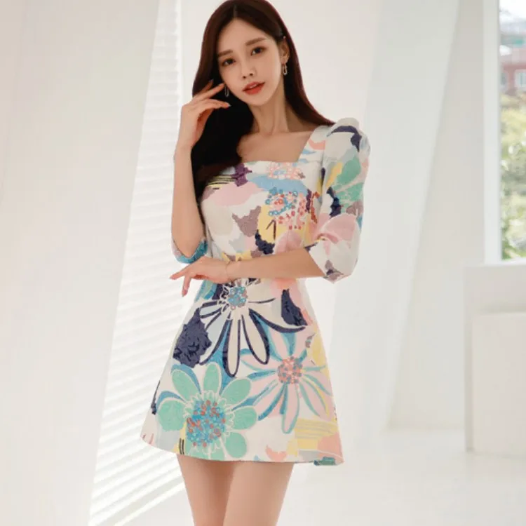 

Spring Vintage Temperament Jacquard Floral Print Puff Sleeve Party Dress Women Elegant Square Collar Slim A-Line Dress Vestidos