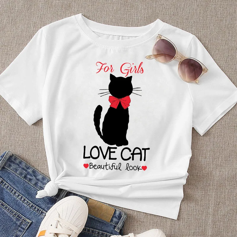 

Summer Women T Shirt Cotton Love Cat Print Short Sleeve O Neck Harajuku Ladies Tees Tops Casual Kawaii Clothing female Tshirt