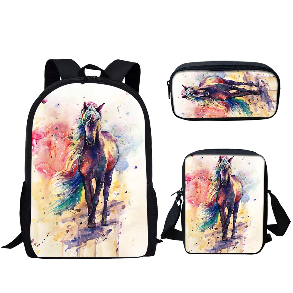 Belidome 3Set School Bags for Teen Boys Girls Horse Print Casual Lightweight Backpack for Primary Student Back to School Bookbag