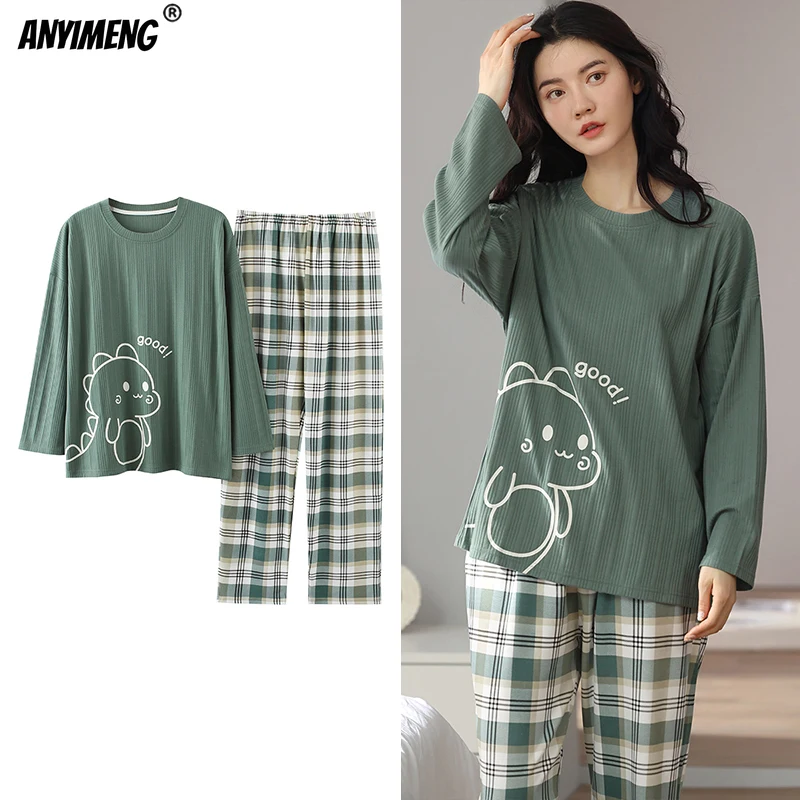 Pijamas Kawaii con Estampado de dinosaurios para mujer, ropa de casa de talla grande 3XL, 4XL, 5XL, Jersey de punto de algodón, primavera y otoño, nueva