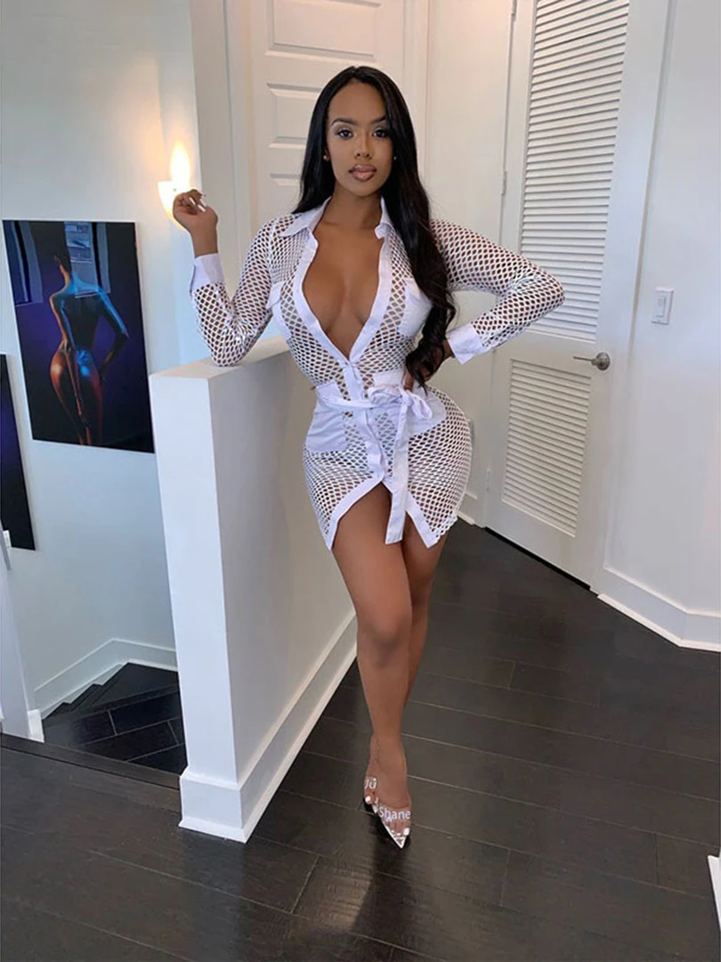 

Женское платье-рубашка в сеточку, с длинным рукавом и V-образным вырезом