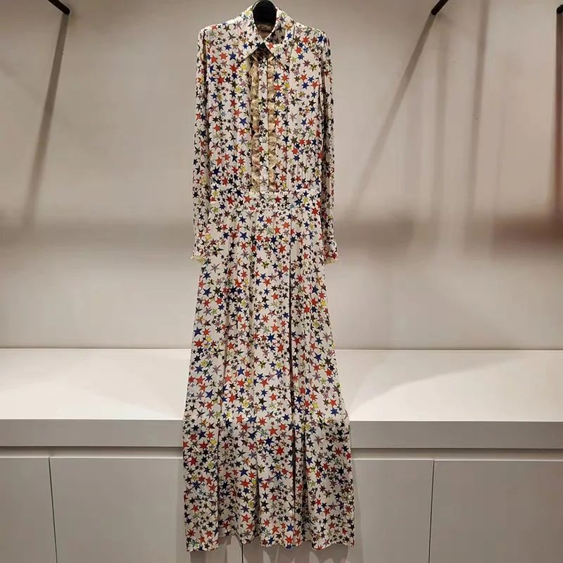 

Star print ladies dress turn-down collar long sleeve women midi dress