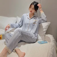 2022 new pajamas womens spring and autumn artificial silk sweet lace long sleeve suit simple lapel elegant cardigan homewear