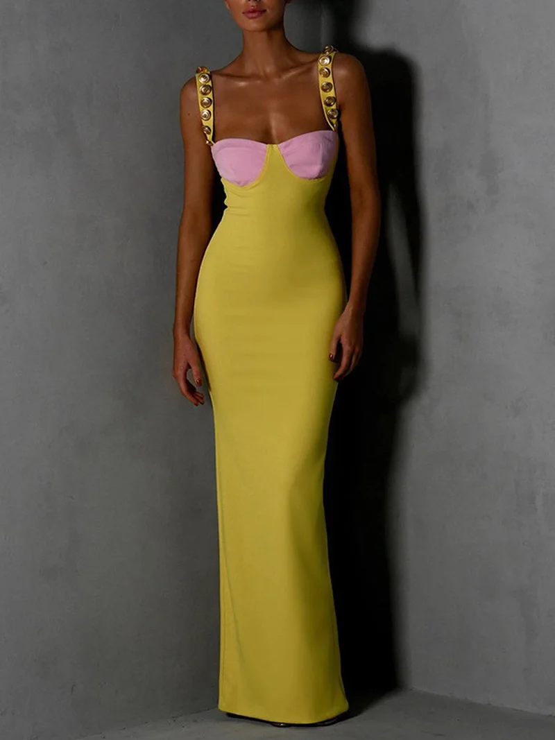 

Sexy High Split Sleeveless Buttons Slip Long Maxi Evening Party Dresses Women's Summer Bodycon Contrast Color Backless Vestidos