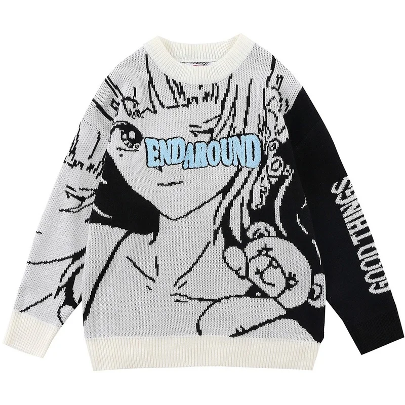 

New Sweater Men Furry Patch Anime Girl Bear Knitted Pullover Couple Fashion College Style Harajuku Jumper Winter Streetwear 2022