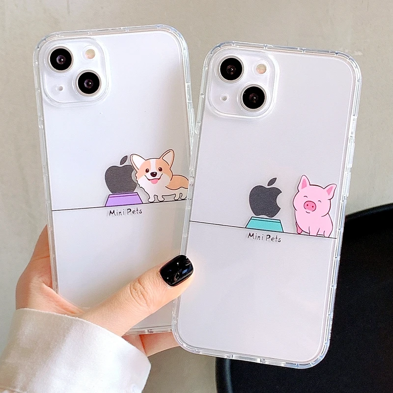 

Cartoon Dog Pig Cat Transparent Phone Case For iPhone 11 12 13 Pro Max XS X XR Max 7 8 Plus Cute Bumper Back Cover