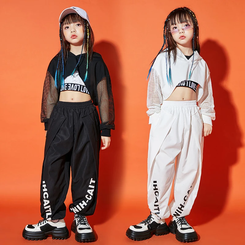 

Modern Jazz Dance Clothes Girls Hooded Crop Tops Pants Hip Hop Kids Concert Performance Costume Black/White Kpop Outfit BL8874