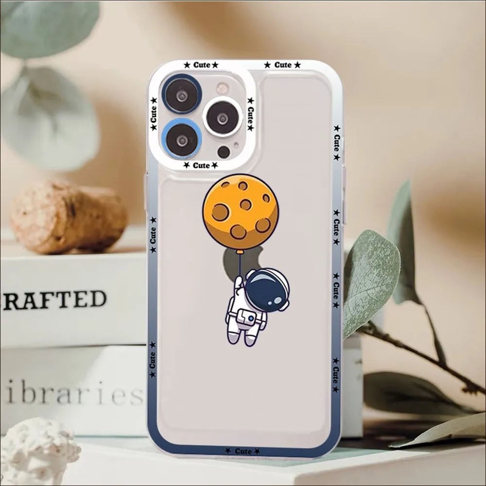 

Cute Cartoon Astronaut Star Phone Case For iPhone 14 13 12 11 Pro Max Mini X Xs XR 6 7 8 Plus SE 2020 Transparent Case