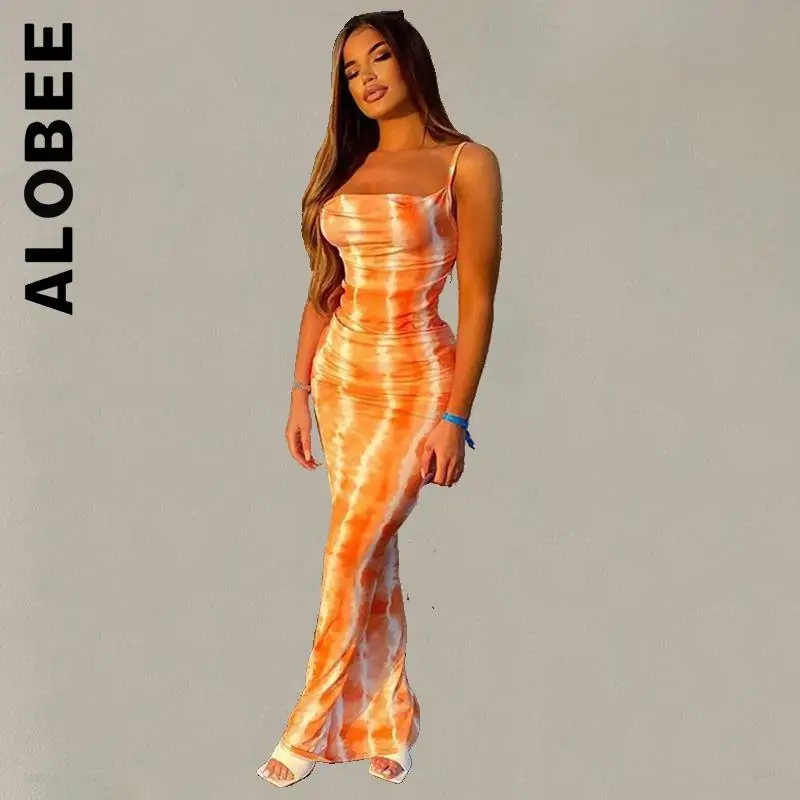 

Alobee Women New Dress Korean Sleeveless Slim Printed Bodycon Beach Long Dress Streetwear Elastic Popular Vestidos Female
