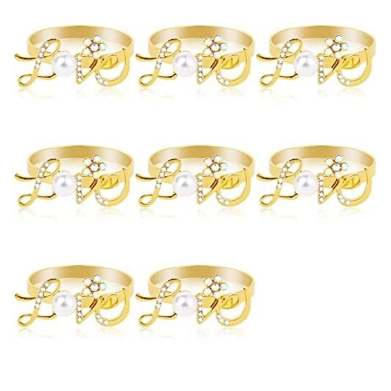 

8 PCS Love Napkin Rings Rhinestone And Pearl Napkin Rings Sparkly Napkin Holders For Valentine's Day Wedding Party Decor