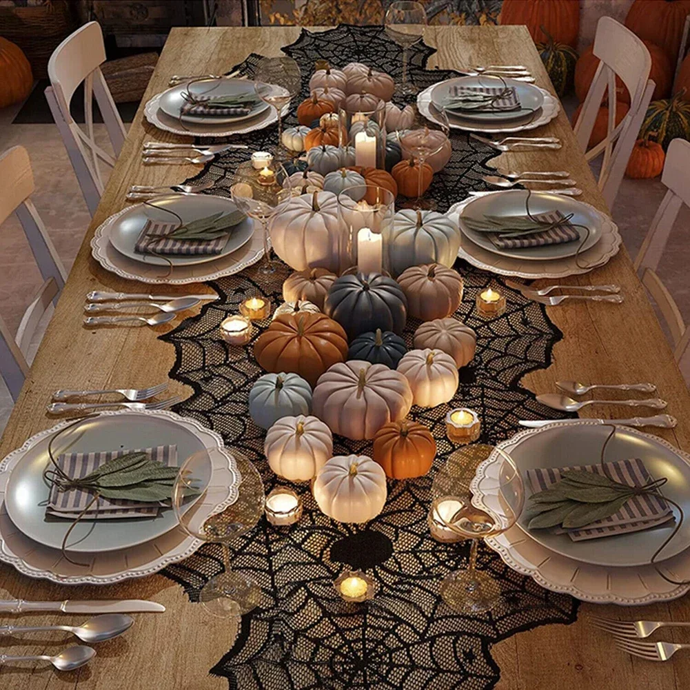 Украшение на Хэллоуин кружевная скатерть в виде паутины с черепом черная