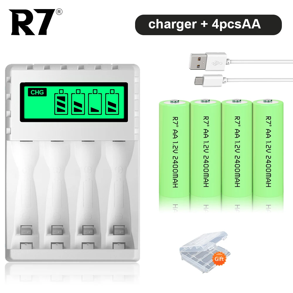

R7 NI-MH Rechargeable aa Batteries 2400mAh AA Battery for Flashlight + Smart LCD Battery Charger for 1.2V AA/AAA