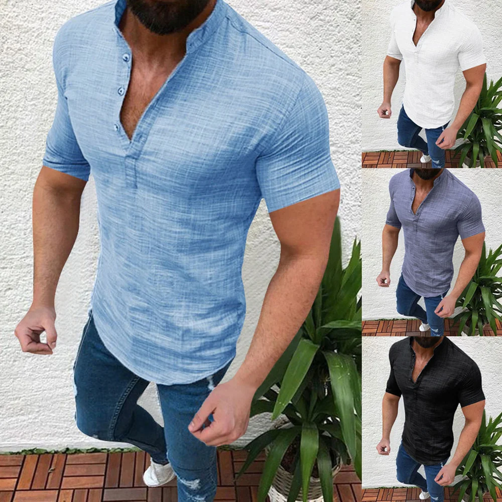 

Men's Linen Button Loose Short Sleeve Top Solid Color Shirt