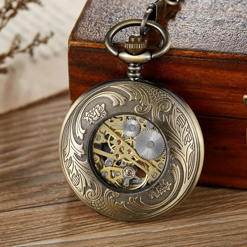 Vintage Hollow Deer Wolf Horse Skeleton Mechanical Pocket Watch Double Open Cover Fob Chain Men Steampunk Pendant Gifts Women