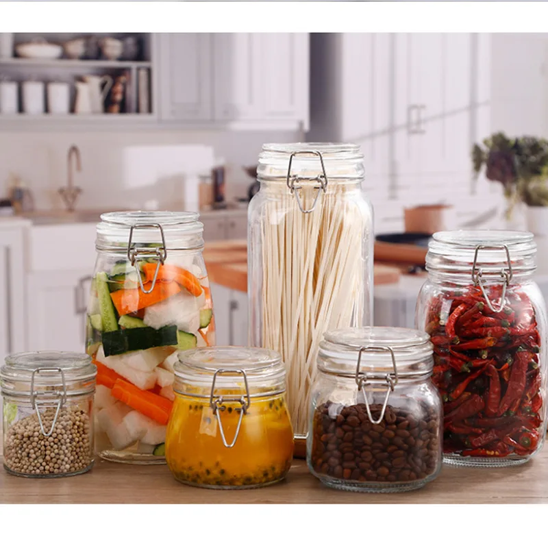 

Sealed Ring Bottle Kitchen Storage Box Transparent Food Canister Keep Fresh Clear Container with Buckle Cookie Jar Glass Bottle