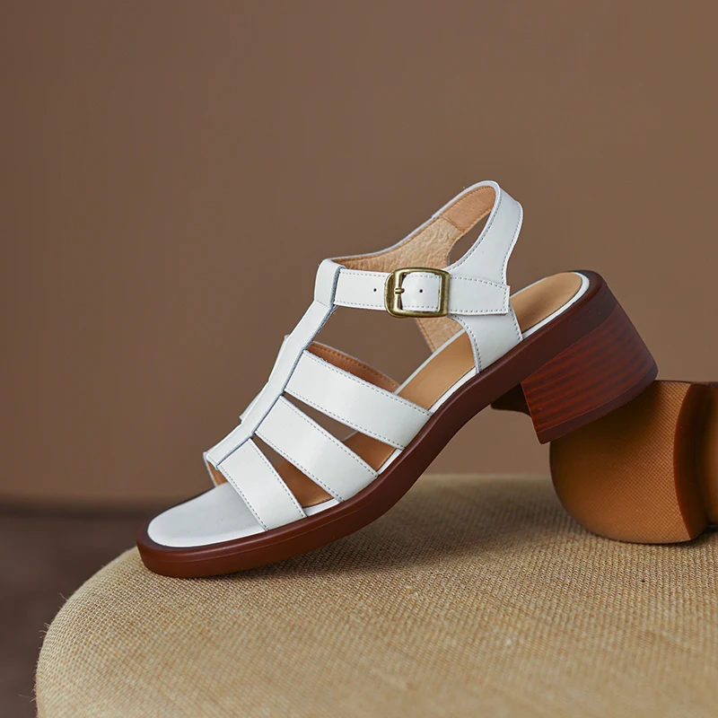 

2022 summer women Sandals natural leather 22-24.5cm cowhide upper full leather T-strap Ankle buckle platform sandals Roman shoe