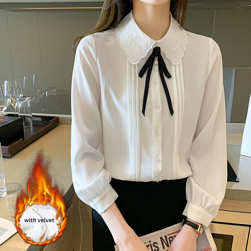 

Blusas Mujer Women Tops Autumn Winter Plush thickened Chiffon Shirt Embroidered Lapel bow bubble sleeve top female 176J