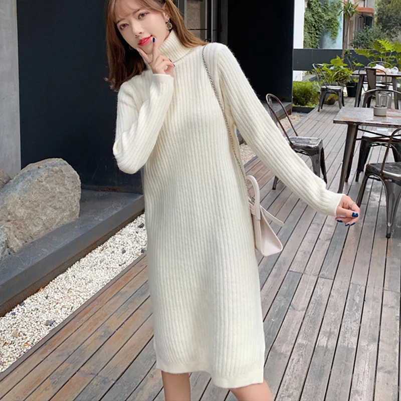 

New Simple Turtleneck Loose Knitted Dress Women Autumn Solid Long Sleeve Casual Elegant Long Sweater Dress Winter Clothes 24044