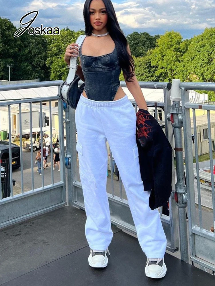 

Joskaa White Mid Waist Straight Leg Pants Women Casual Elastic Waist Pockets Loose Trousers Autumn Female Bottoms Streetwear