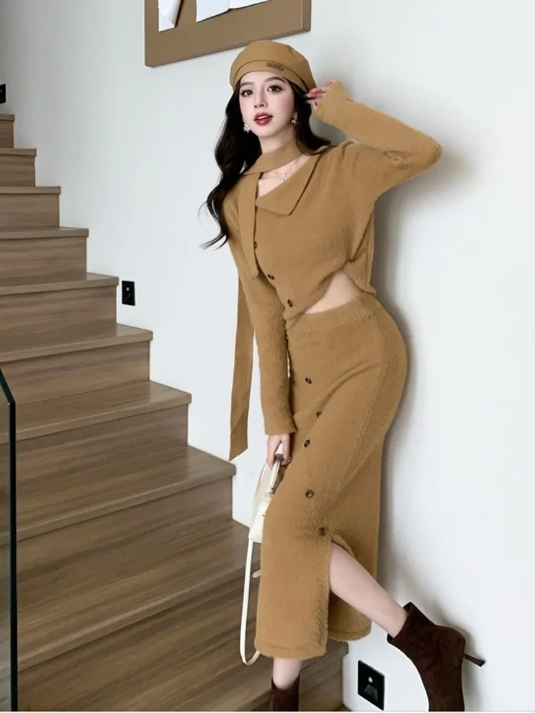 Вязаный комплект из двух предметов норкового меха женский новый осенне-зимний