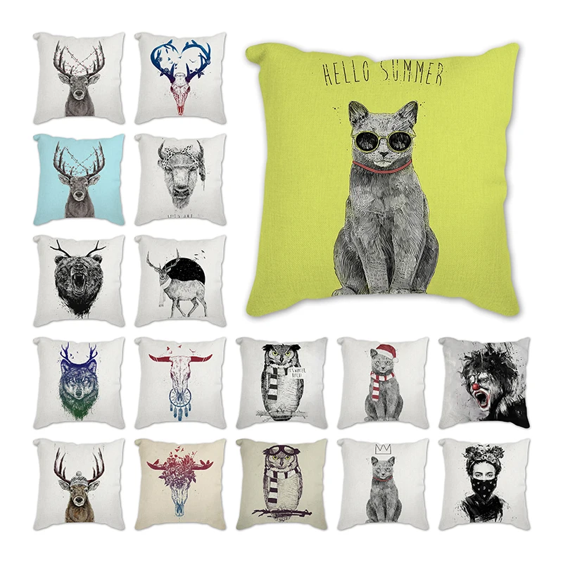 

Vintage Cushion Covers Animal Deer bear wolf cat girl owl moon Print Home Decor Sofa Seat Living Room Pillowcases Cushion Cover