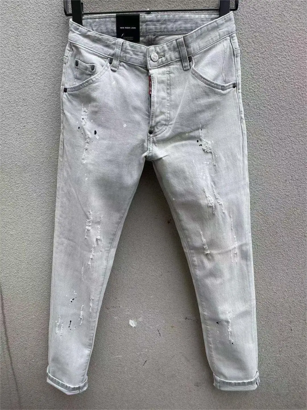

2023 new fashion tide brand men's washing worn out torn paint motorcycle retro jeans 9103