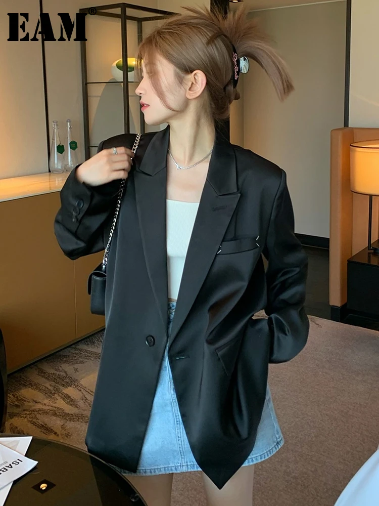 

[EAM] женский черный тонкий повседневный Блейзер большого размера, новая свободная куртка с длинными рукавами и отворотом, модная демисезонная 2023 1DF8259