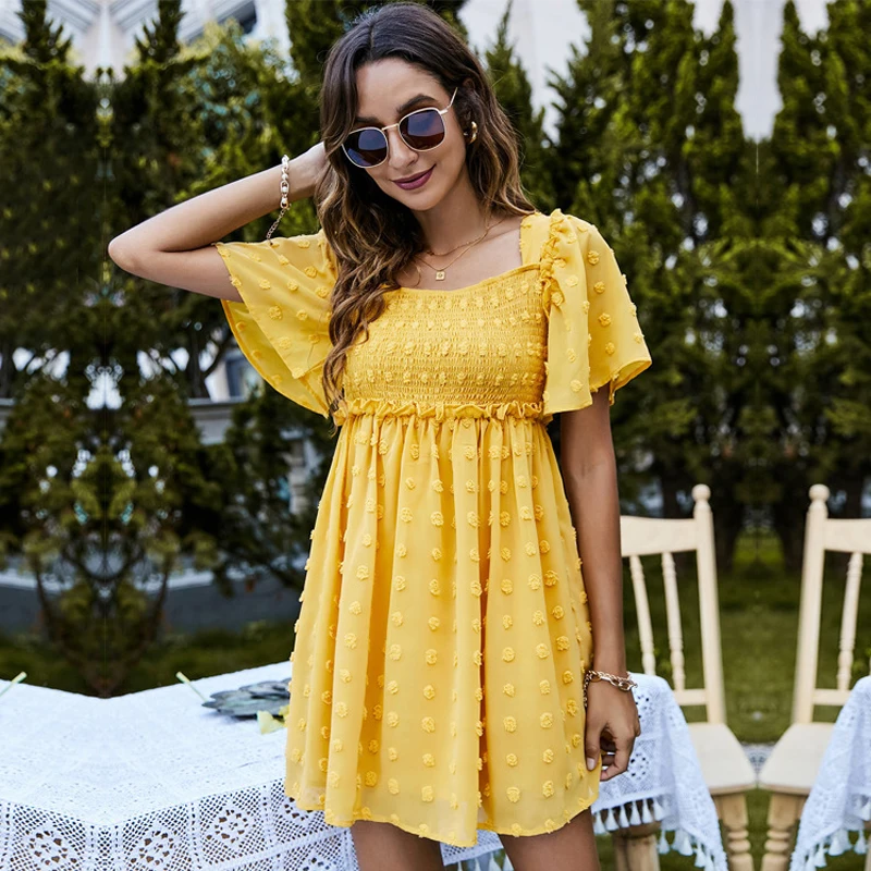 

Summer Dresses Women Ruffle Ruched Dot Chiffon Short Sleeves Mini Dress 2022 Yellow Femal Holiday Casual Vestido Woman Clothing
