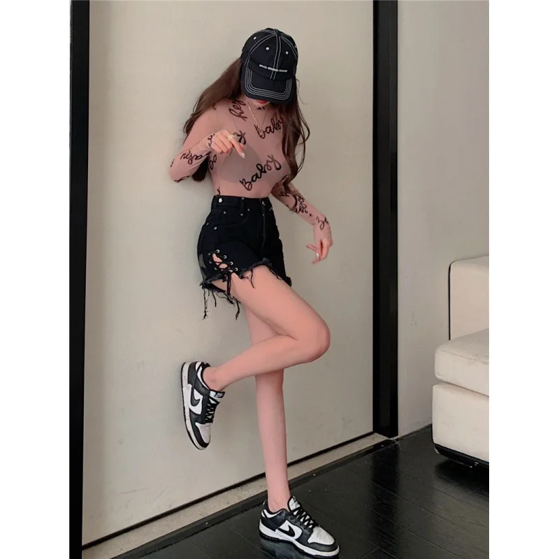 High Waist Lace-up Denim Shorts Women Summer New Large Size Fashion Showing Thin Cross Flower Womens Shorts Sexy Booty Shorts