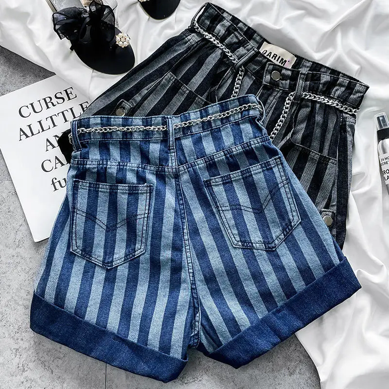 Summer New High Waist Slim A-line Casual Shorts Ladies Vertical Stripes Zipper Denim Pants Fashion Trend Women Clothing