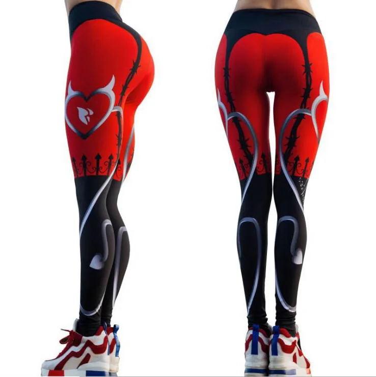 

Sexy Heart Print Leggings Women Red Black Patchwork Sporting Pants Fashion Printed Women's Fitness Leggings