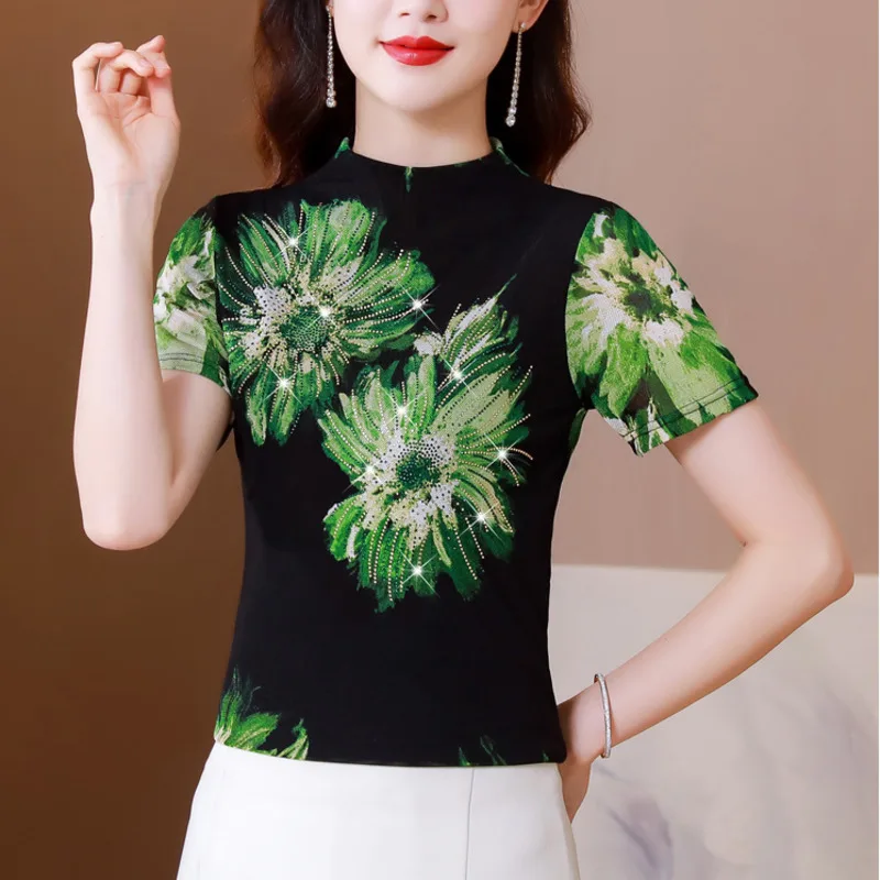 #9240 Сетчатая футболка с цветочным принтом женская сексуальная облегающая