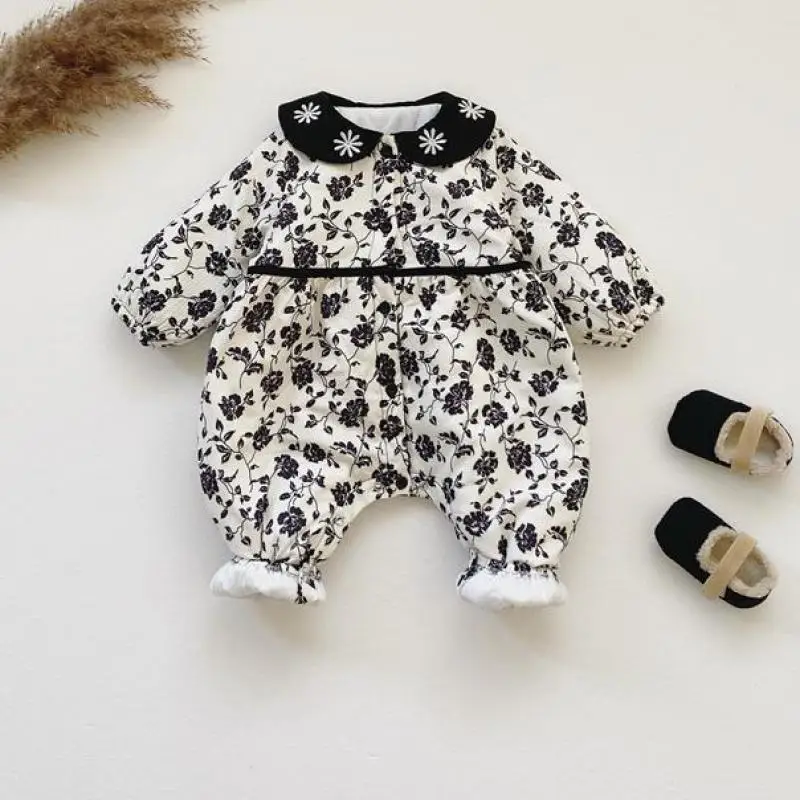 

Girl Vintage Flower Thickened Romper New Sweet Peter Pan Collar Warm Comfortable Jumpsuit Toddler Girls Boutique Outfits Hot