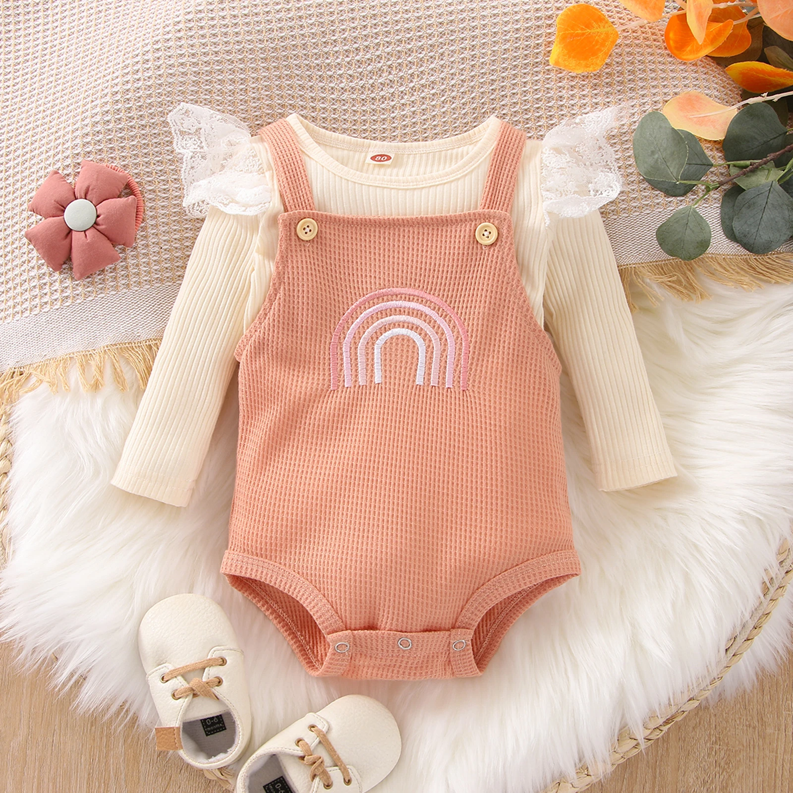 

Демисезонный комбинезон для новорожденных девочек, комбинезон с кружевом и длинными рукавами с рюшами и узором без рукавов, комбинезон на п...