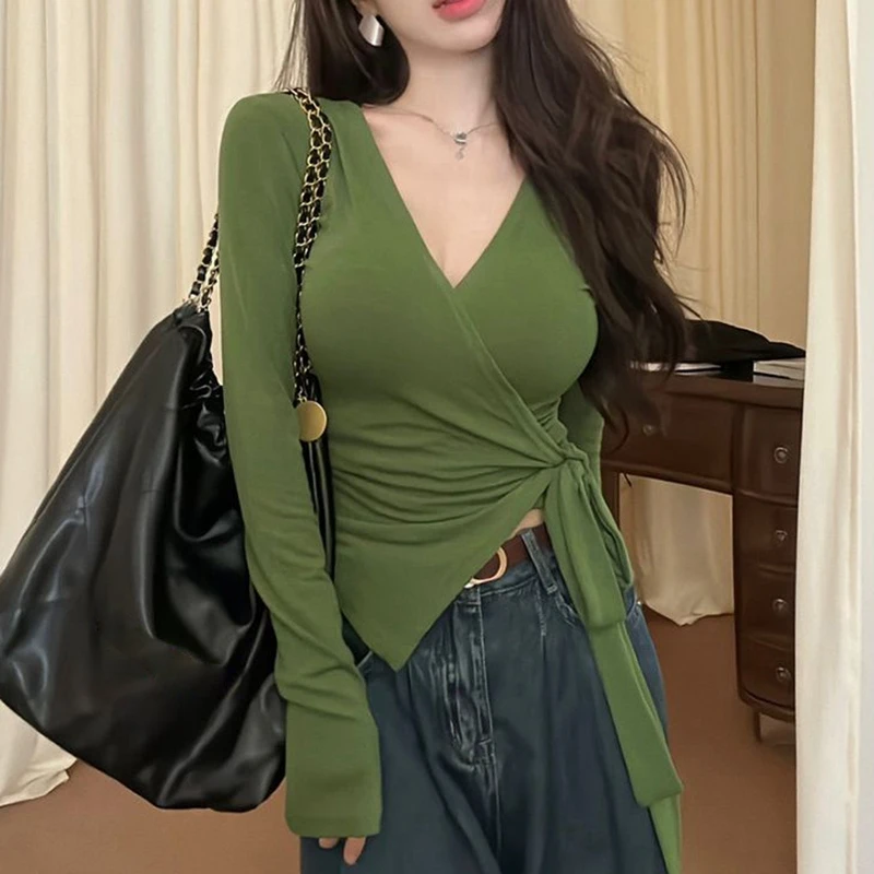 Женская футболка с v-образным вырезом и длинными рукавами новая корейская мода со