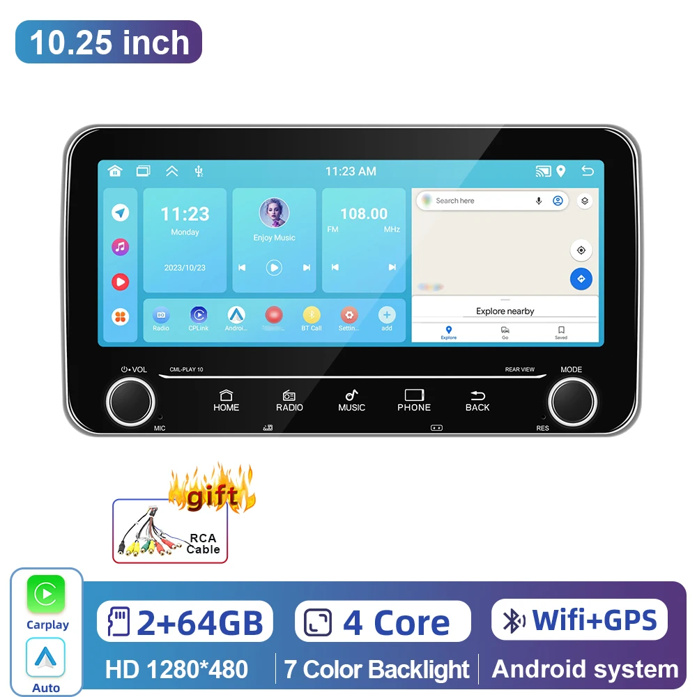 

Автомагнитола Podofo универсальная, 2 + 64 ГБ, 10,25 дюйма, GPS