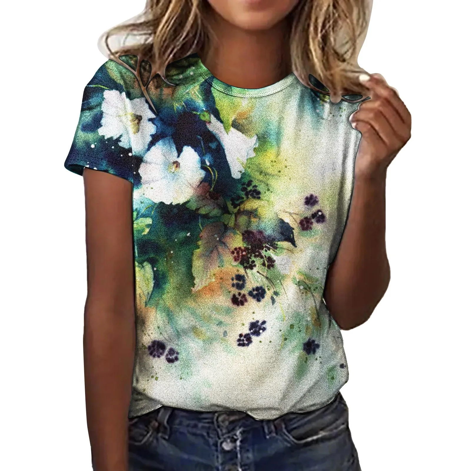 

Women Fashion Casual Top Shirt Short Sleeve Flower Printed T Shirt Round Neck Elegant Loose Soft Top Blouse 4x Tops
