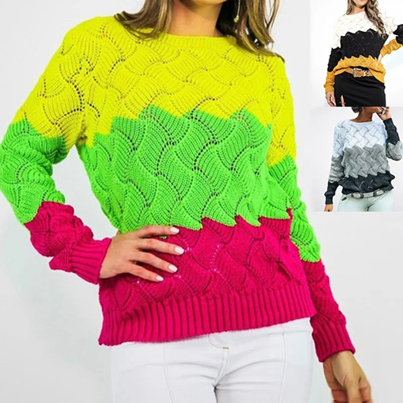 

2022 Autumn and Winter European and American Stitching Rainbow Round Neck Long-sleeved Knitted Ladies Sweater Loose Casual Top