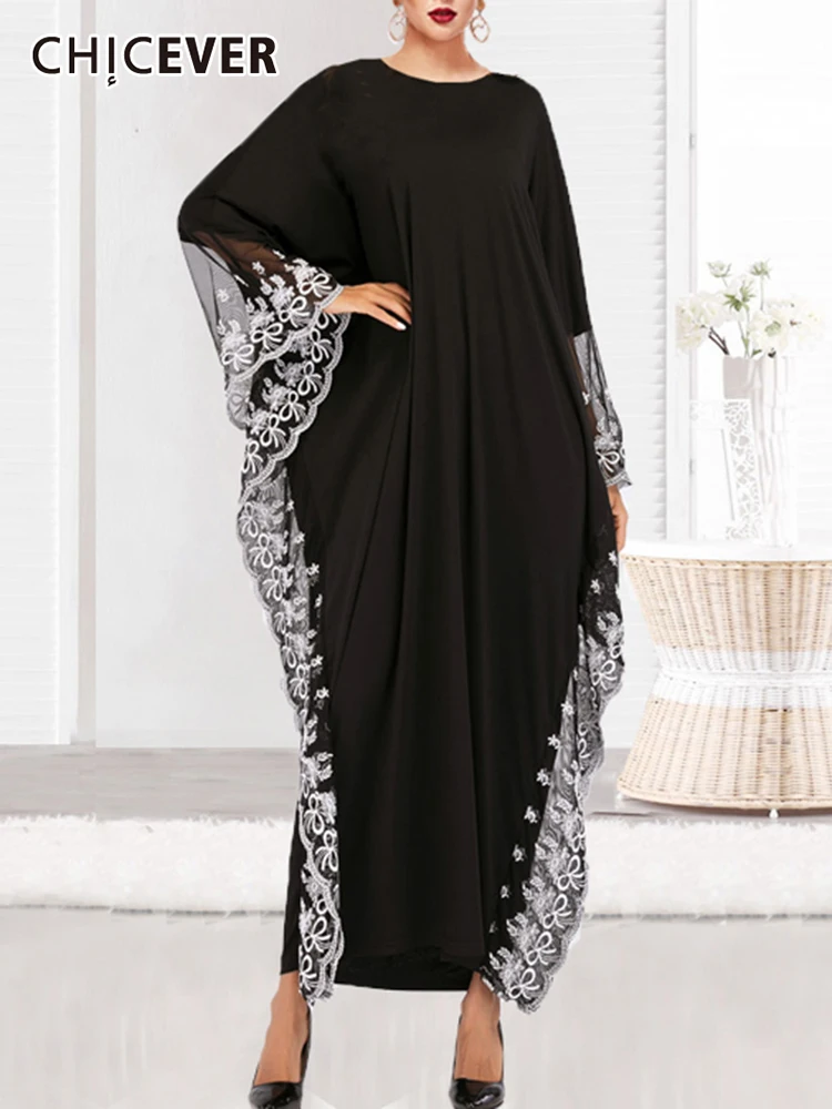 

CHICEVER Patchwork Embroidery Women's Dress Female O Neck Batwing Sleeve Mesh Hollow Out Loose Dresses Female 2022 Spring Style
