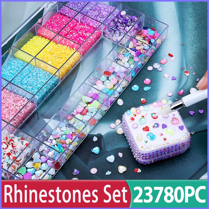 23780PC/Box 21 Grids Rhinestones Set FlatBack Mixed Size Crystal Resin Nail Rhinestones Soft Ceramic Nail Art Decorations
