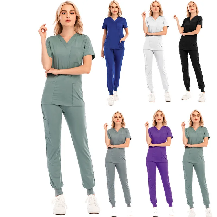 New Nurse Uniform Solid Color V-neck Short Sleeve Set Nurse Gown Hospital Surgical Gown Dentist Surgical Gown Pet Doctor