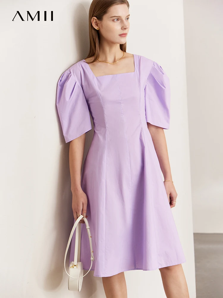 

AMII Minimalism Women's Dress 2023 Summer French 100% Cotton Retro Pullovers Princess Puff Sleeve A-line Solid Vestidos 12240395