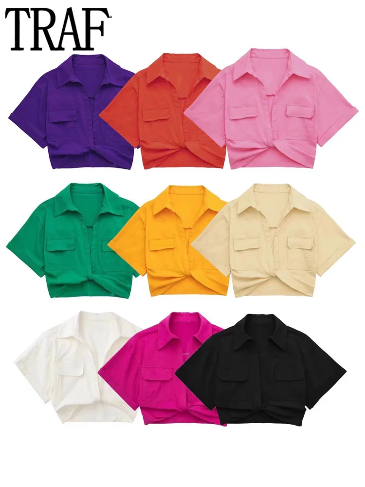 

TRAF 9 Color Crop Top Female Pockets Blouses for Women Fashion 2022 Pink White Summer Women Shirts Short Sleeve Blouses Women