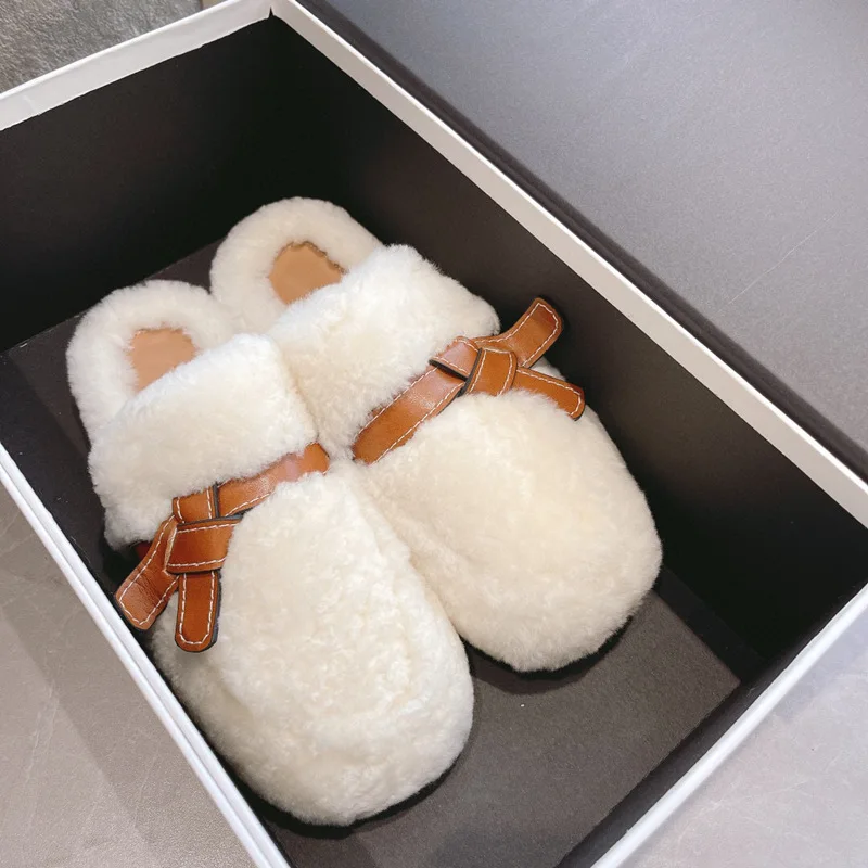 Autumn and Winter 2022 Wool Slippers Plush Fur Shoes Lamb Wool Semi Slippers Home Designer Mules Cotton Loafers Femmes Slides