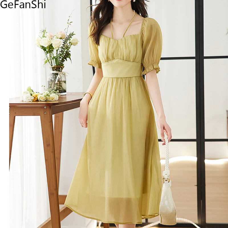 

Женское платье с коротким рукавом, однотонное приталенное элегантное платье миди для отдыха на пляже, одежда для лета, 2023