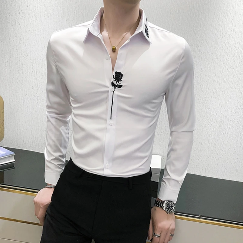 

Asian Size 4XL Dress Shirt For Men High Quality Flower Embroidery Long Sleeved Male Formal Shirts Korean Slim Fit Chemise Homme