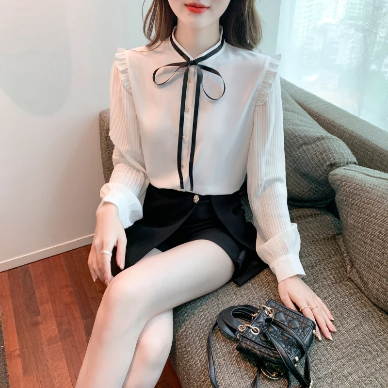

COIGARSAM Shirt Womens Tops 2022 New Fashion French Style Chiffon Bow Belt White Apricot Women Shirts Dropshipping