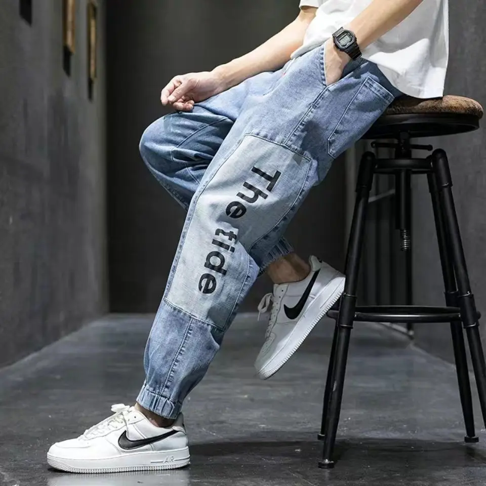 

EACHIN Men's Letter Spliced Jeans Spring Autumn Long Harem Cargo Pants Mens Joggers Casual Blue Baggy Jeans Streetwear Clothing