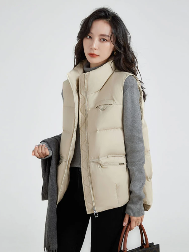 

2022 New Stand Collar Vest 90% White Duck Down Winter Women Jacket Warm Coat Solid Color Loose Outerwear Fashion Streetwear